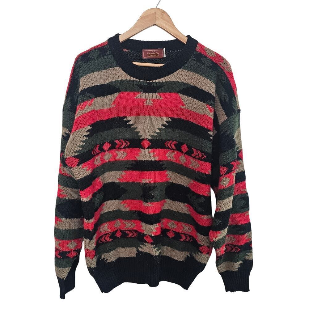 Vintage Knit Sweater Mens Med Black 90s Geometric Cosby Academia Retro Grandpa